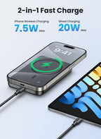 10000 mAh 10000mAh Wireless Power Bank Magnetic MagSafe Wireless Portable Charger Fast Charging Charger PD 20W Wired Charging iPhone MagSafe Charger Battery Pack For iPhone 16 15 Series Apple Watch S10 Airpods Slim-Grey 7.5W